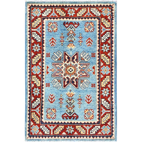 Powder Blue, Special Kazak with All Over Pattern Natural Dyes, 100% Wool Hand Knotted, Mat Oriental Rug