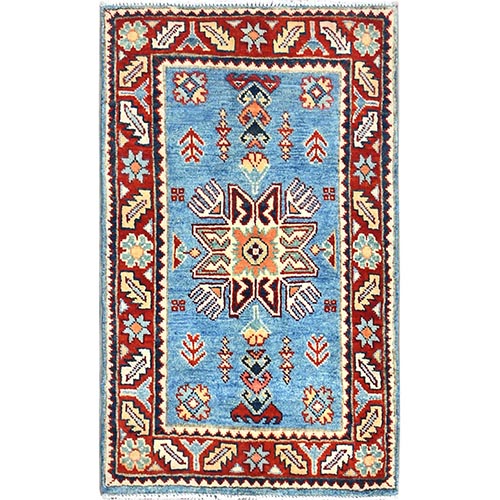 Powder Blue, Special Kazak with All Over Pattern Natural Dyes, Pure Wool Hand Knotted, Mat Oriental Rug