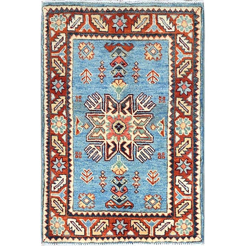 Baby Blue, Special Kazak with Geometric Medallion Design, Hand Knotted, Pure Wool, Natural Dyes Oriental Mat Rug