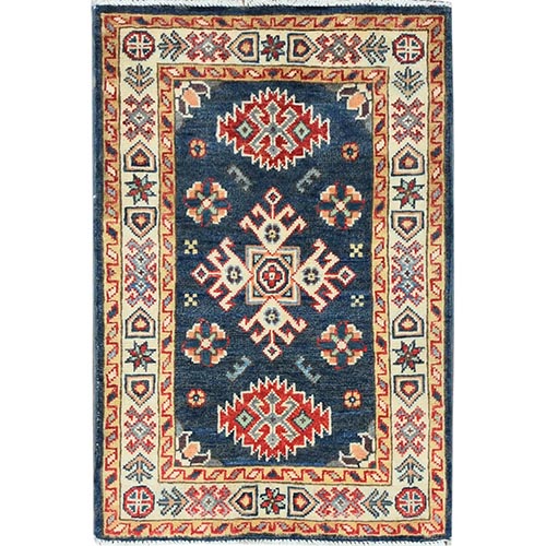 Aegean Blue, Hand Knotted Special Kazak with Geometric Pattern, Pure Wool, Natural Dyes, Mat Oriental Rug