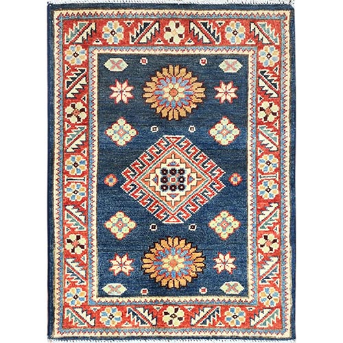 Aegean Blue, Pure Wool Special Kazak with Geometric Medallion Design, Hand Knotted, Mat, Oriental Rug