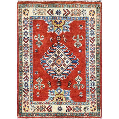Scarlet Red, Special Kazak with Geometric Design, Pure Wool, Natural Dyes, Hand Knotted, Mat, Oriental Rug