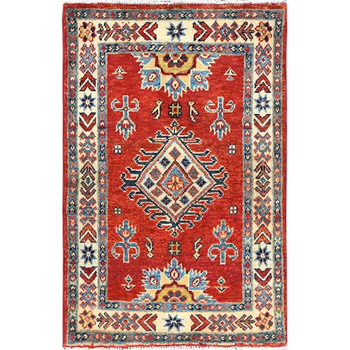 Chili Red, Hand Knotted Special Kazak with Tribal Design, Pure Wool, Natural Dyes, Mat, Oriental Rug