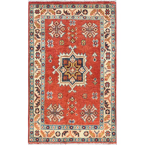 Mandarin Red, Pure Wool Special Kazak with Geometric Medallion Design, Hand Knotted, Mat, Oriental Rug