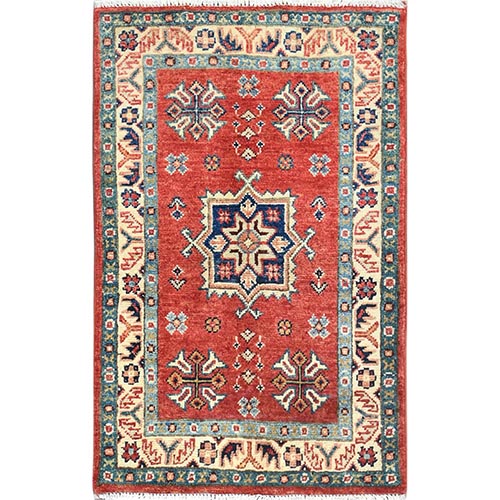 Chili Red, Special Kazak with Geometric Medallion Design, Hand Knotted, Pure Wool, Natural Dyes, Mat, Oriental Rug