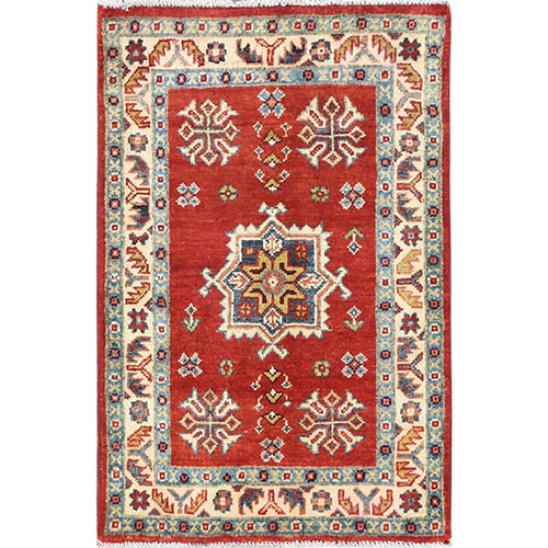 Chili Red, Special Kazak with Geometric Pattern, Natural Dyes, Hand Knotted, Pure Wool, Mat, Oriental Rug