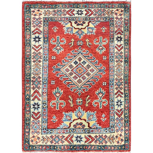 Fire Brick, Special Kazak with Large Medallion Natural Dyes, Pure Wool Hand Knotted, Mat Oriental Rug