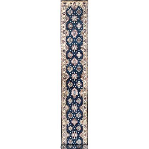 Yale Blue, Hand Knotted Special Kazak with Geometric Pattern, Natural Dyes Extra Soft Wool, XL Runner Oriental Rug