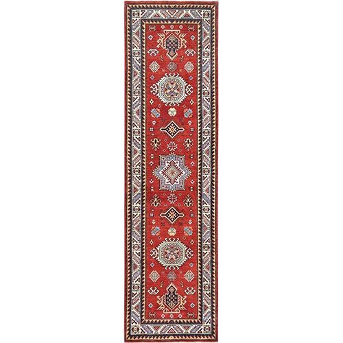 Imperial Red, Natural Dyes Natural Wool, Hand Knotted Special Kazak with Large Medallion, Runner Oriental 