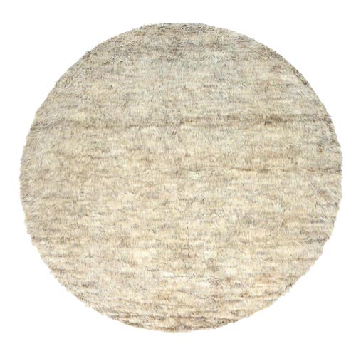 Beige, Shaggy Moroccan Exotic Texture, Undyed Natural Wool Hand Knotted, Round Oriental Rug