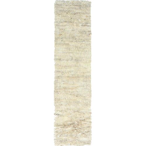Beige, Shaggy Moroccan Exotic Texture, Undyed Natural Wool Hand Knotted, Runner Oriental Rug