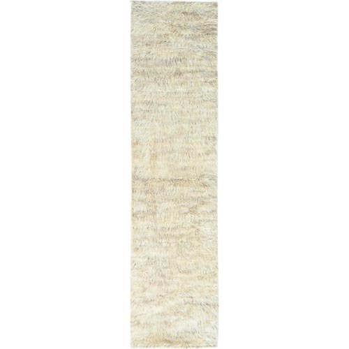 Beige, Undyed Natural Wool Hand Knotted, Shaggy Moroccan Exotic Texture, Runner Oriental Rug