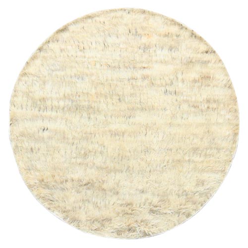 Beige, Hand Knotted Shaggy Moroccan, Exotic Texture Undyed Natural Wool, Round Oriental Rug