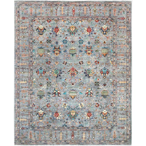 Light Gray, Dense Weave Pure Wool, Hand Knotted Fine Peshawar with Sultani All Over Pomegranate Design, Vegetable Dyes, Oriental Rug