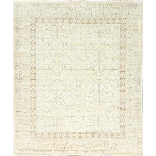 Beige, Stone Washed, Organic Wool, Hand Knotted, Afghan Peshawar with Khotan Design, Oriental 