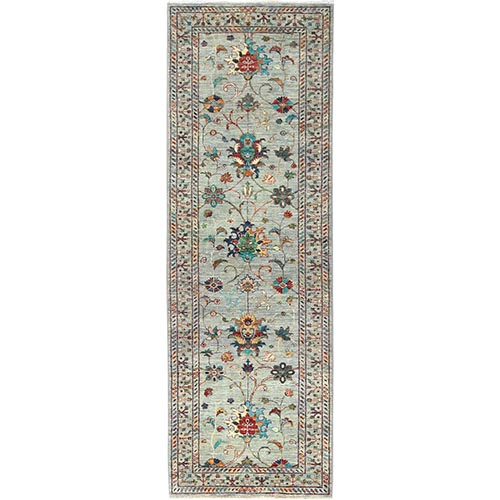Ash Gray, Afghan Peshawar with Sultani All Over Pomegranate Design, Natural Dyes, Soft Wool, Hand Knotted, Runner Oriental Rug
