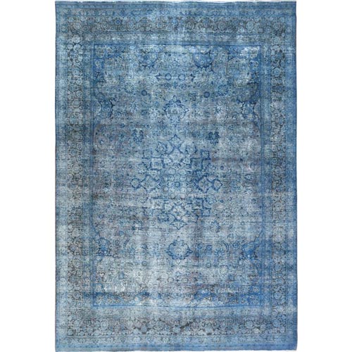 Cerulean Blue Overdyed, Vintage Persian Meshad, Sheared Low, Rustic Feel, Hand Knotted Worn Wool Oriental Oversized 