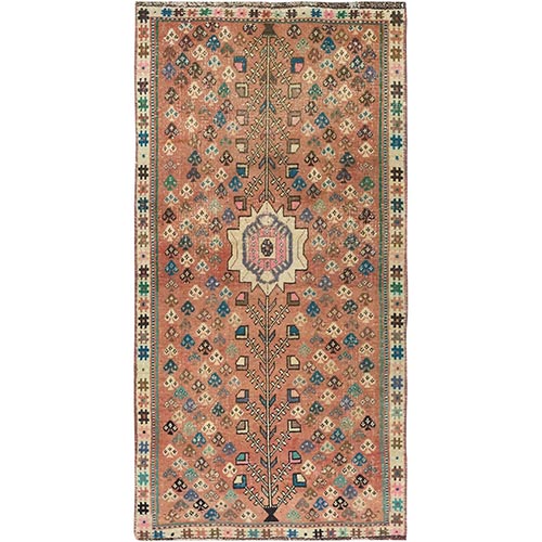 Copper Red, Bohemian Persian Shiraz Repetitive Heart Design with Central Flower Medallion, Worn Down, Pure Wool, Hand Knotted, Runner, Oriental Rug