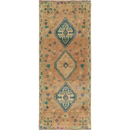 Canvas Brown, Hand Knotted, Vintage Shiraz with Geometric Medallions, Sheared Low, Worn Wool, Narrow Runner, Oriental Rug