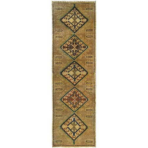 Honey Brown, Soft Wool, Hand Knotted, Vintage Shiraz with Geometric Medallions, Worn Down, Narrow Runner, Oriental Rug