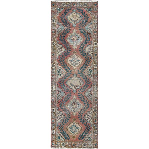 Redwood Red, Hand Knotted, Vintage Persian Tabriz with Floral and Vines Pattern, Sheared Low, Worn Wool, Narrow Runner, Oriental Rug
