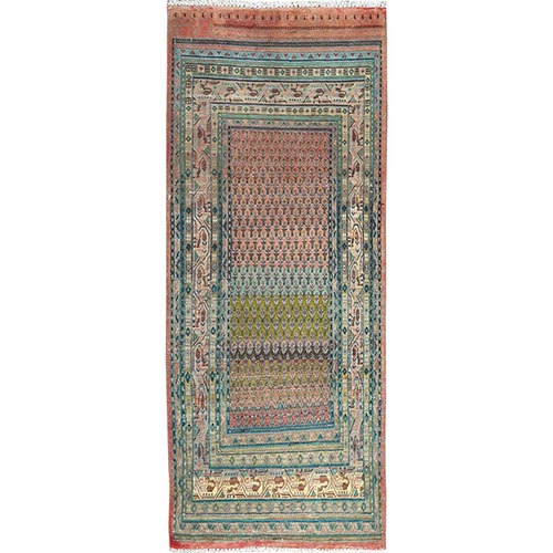 Jelly Bean Red, Soft Wool, Hand Knotted, Sarouk Mir with Distinct Colorful Abrash, Worn Down, Narrow Runner, Oriental Rug