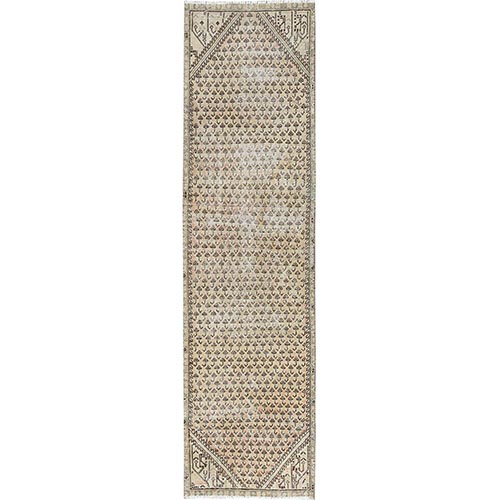 Tan Color, Vintage Serab with Repetitive Paisley Design, Natural Dyes, Evenly Worn Down, Pure Wool, Hand Knotted, Narrow Runner, Oriental Rug