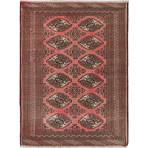 Salmon Red, Vintage Persian Turkoman Bokara, Worn Down, Pure Wool, Hand Knotted, Oriental Rug