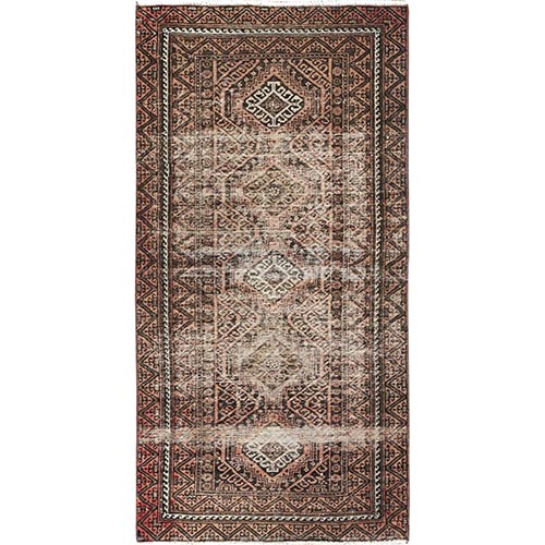 Tan Color, Soft Wool, Hand Knotted, Vintage Persian Baluch, Worn Down, Runner, Oriental Rug