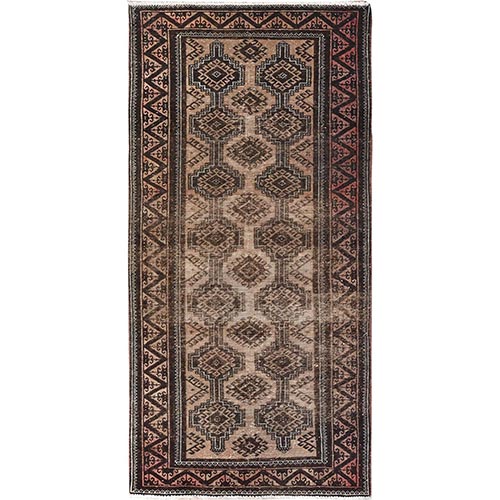 Sand Color, Hand Knotted, Vintage Persian Baluch Repetitive Geometric Gul Design with Abrash Throughout, Worn Down, Pure Wool, Narrow Runner, Oriental 