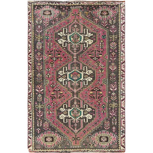 Blush Pink, Bohemian Vintage Persian Shiraz, Sheared Low, Worn Wool, Hand Knotted, Oriental Rug