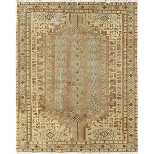 Trombone Yellow, Soft Wool, Hand Knotted, Vintage Shiraz Geometric Serrated Medallion Repetitive Design, Worn Down, Oriental Rug