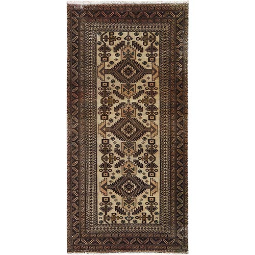 Birdseed Brown, Sheared Low, Worn Wool, Hand Knotted, Semi Antique Baluch, Narrow Runner, Oriental Rug