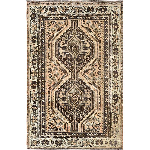 Bisque Brown, Vintage Persian Shiraz with Geometric Medallions, Worn Down, Pure Wool, Hand Knotted, Oriental Rug