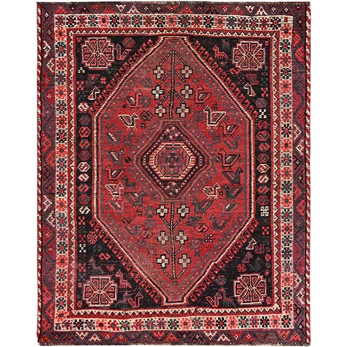 Cincinnati Red, Worn Wool, Hand Knotted, Bohemian Vintage Persian Shiraz with Large Medallion and Bird Figurines, Sheared Low, Oriental 