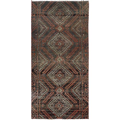 Taupe Color, Worn Down, Soft Wool, Hand Knotted, Bohemian Vintage Persian Baluch with Geometric Patterns, Fragment Narrow Runner, Oriental Rug