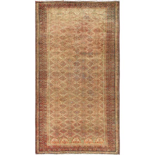 Salmon Pink, Faded Bohemian Vintage Persian Baluch with Earth Tone Colors, Repetitive Geometric Gul Design, Sheared Low, Worn Wool, Hand Knotted, Oriental 