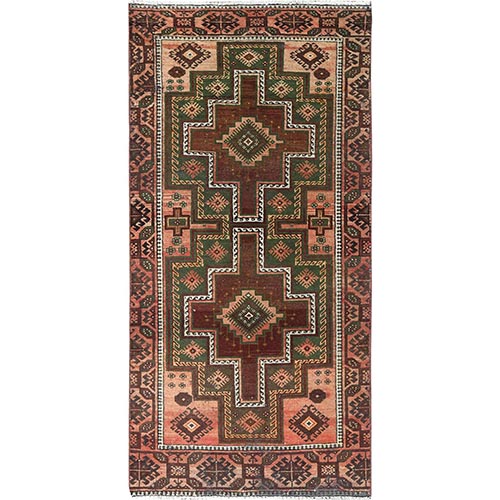 Chocolate Brown and Jade Green, Worn Wool, Hand Knotted, Vintage Persian Baluch, Sheared Low, Runner, Oriental Rug