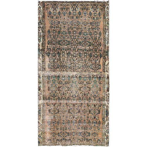 Sand Brown, Vintage Persian Hamadan with Repetitive Fish Mahi Design and Distinct Abrash, Sheared Low, Worn Wool, Hand Knotted, Runner, Oriental 