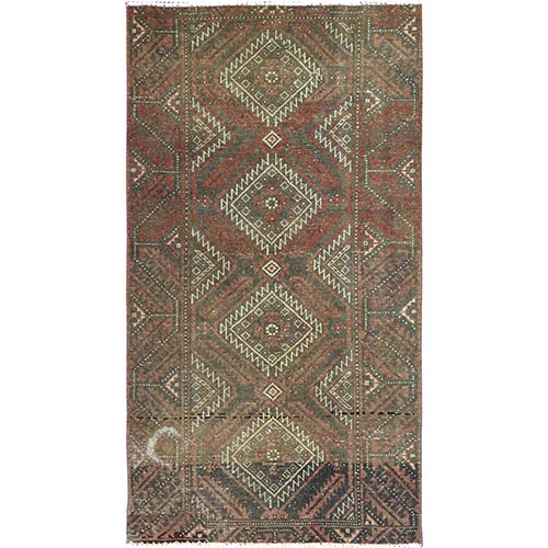 Burnt Umber Brown, Bohemian Vintage Persian Baluch, Sheared Low, Worn Wool, Hand Knotted, Runner, Oriental Rug