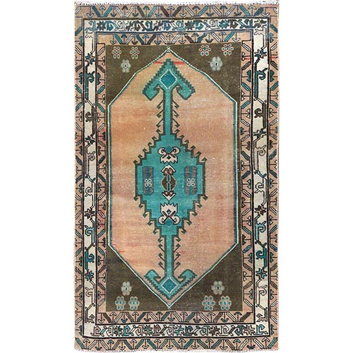 Burlywood Brown, Hand Knotted, Bohemian Vintage Persian Hamadan with Anchor Medallion, Worn Down, Soft Wool, Oriental Rug