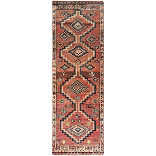 Rustic Brown, Sheared Low, Worn Wool, Hand Knotted, Persian Hamadan with Checkered Board Medallion Design, Sunset Colors, Runner, Oriental 
