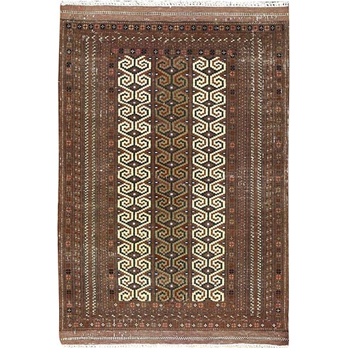 Cafe Noir Brown, Vintage Persian Baluch with Multiple Borders and Repetitive Geometric Design, Sheared Low, Worn Wool, Hand Knotted, Oriental 