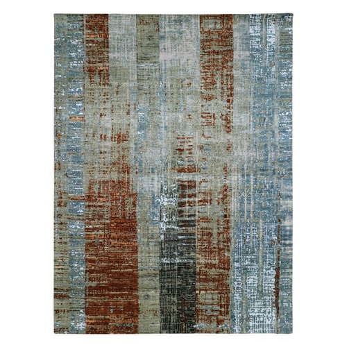 Cloud Gray, Persian Knot Pure Wool, Hand Knotted Abstract Design, Densely Woven, Oriental Rug