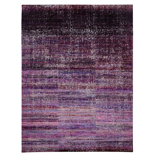 Dark Orchid, Contemporary Design, Densely Woven Persian Knot, Sari Silk with Textured Pile Hand Knotted, Oriental 