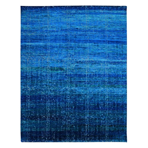 Air Force Blue, Sari Silk with Textured Pile Hand Knotted, Contemporary Design Dense Weave, Persian Knot, Oriental 