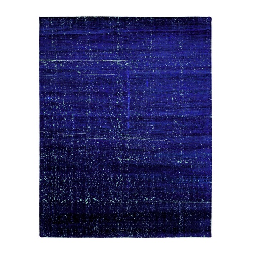 Dark Sapphire, Persian Knot Sari Silk with Textured Pile, Hand Knotted Contemporary Design, Densely Woven, Oriental Rug
