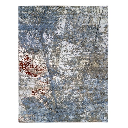 Slate Gray, Persian Knot Organic Wool, Hand Knotted Abstract Design, Densely Woven, Oriental Rug