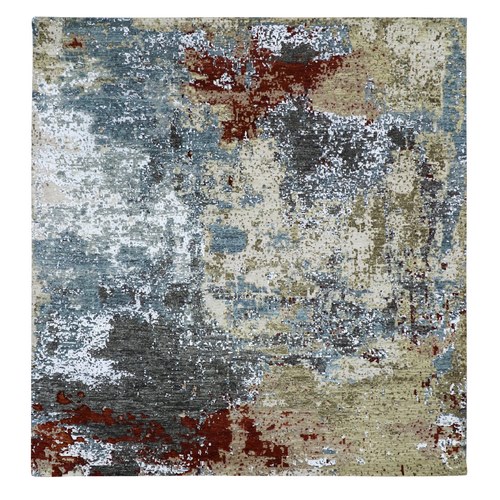 Parchment Color, Hand Knotted Abstract Design, Dense Weave Persian Knot, Soft Wool, Square Oriental Rug