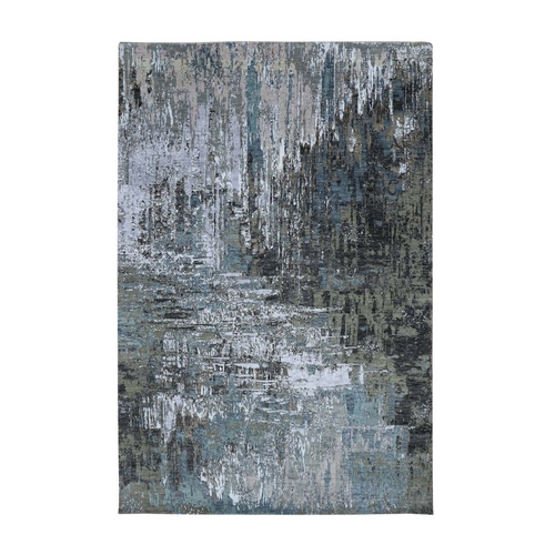 Cadet Gray, Extra Soft Wool Hand Knotted, Abstract Design, Dense Weave Persian Knot, Oriental Rug